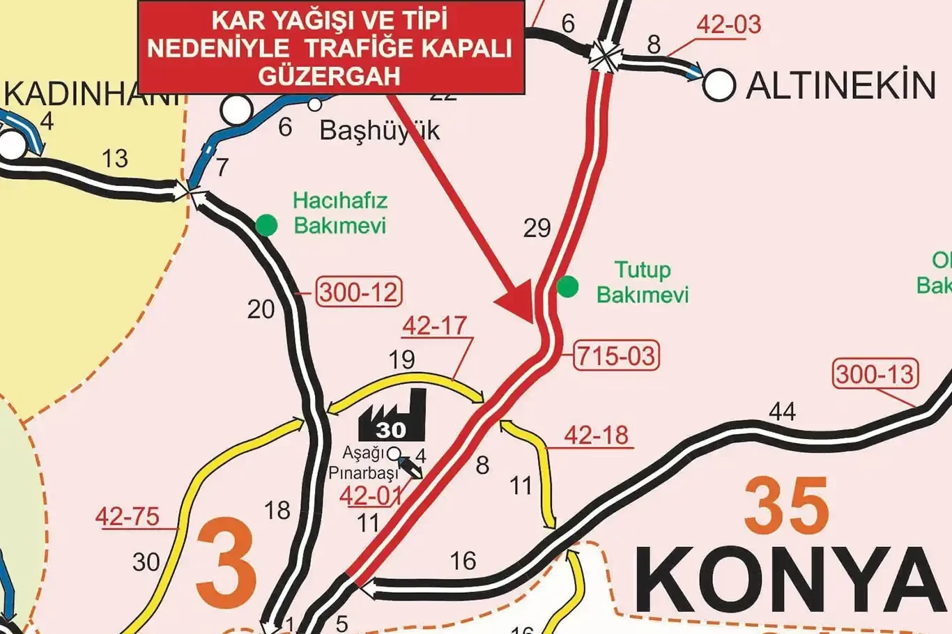 Konya Cihanbeyli yolu kar nedeniyle kapandı