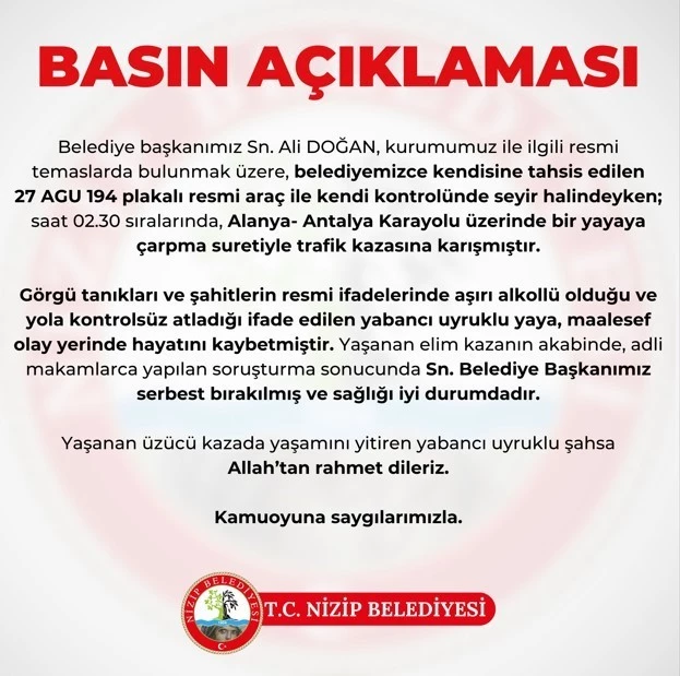 Nizip Belediye Başkanı Doğan’ın çarptığı yaya hayatını kaybetti
